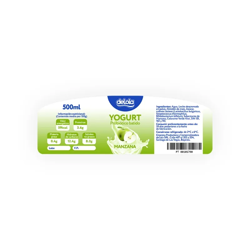 Yogurt Probiótico de coágulo batido deLola 500ml sabor Manzana x 50 Unidades