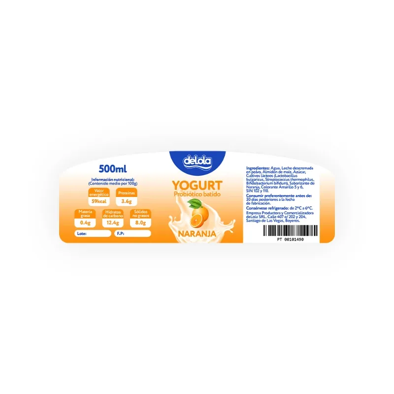 Yogurt Probiótico de coágulo batido deLola 500ml sabor Naranja x 50 Unidades
