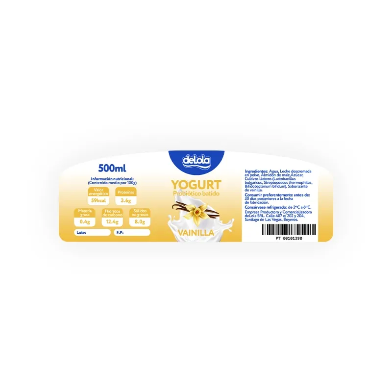 Yogurt Probiótico de coágulo batido deLola 500ml sabor Vainilla x 50 Unidades