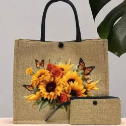 Cartera de yute mariposas y girasoles