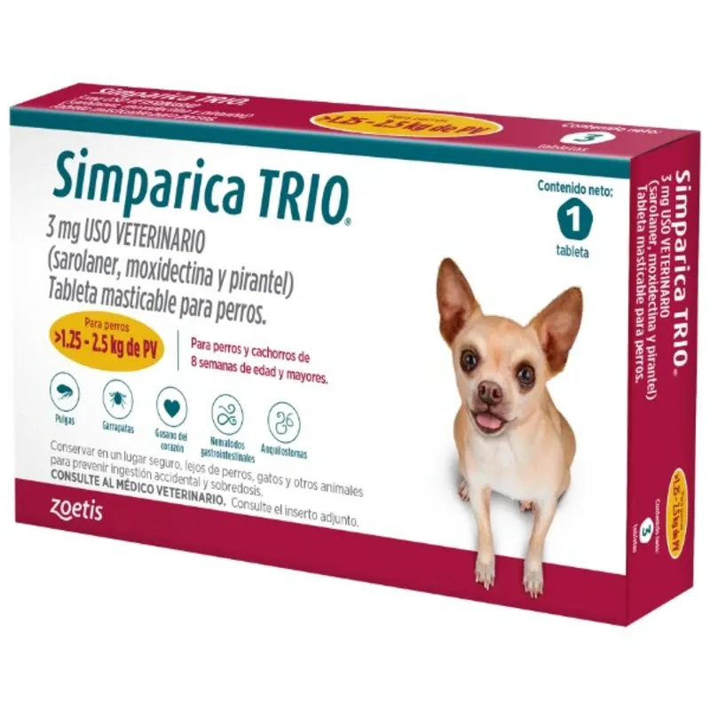 Simparica Trío para Perros Miniatura (1.25 a 2.5 kg) - Pastilla Mensual