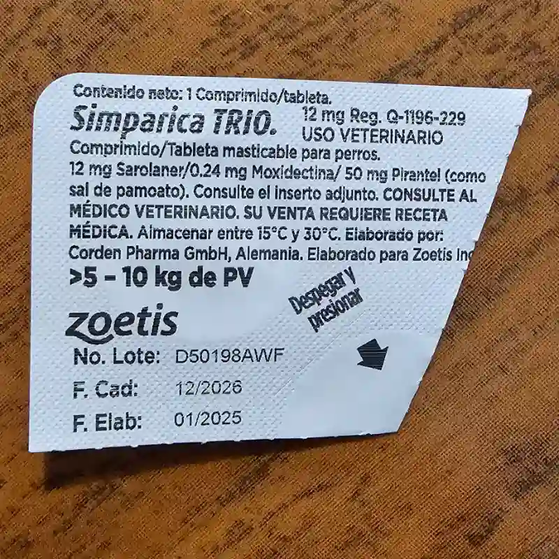 SIMPÁRICA TRÍO 12 MG (5- 10 KG)