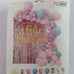 ‼️COD19- Set de Globos de 72 Piezas- Rosado, Azul y Dorado (Cartel Dorado y Cortina de flecos Rosada)‼️