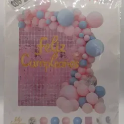 ‼️Set de Globos de 72 Piezas- Rosado, Azul y Dorado (Cartel Dorado y Cortina de cuadros Rosada)‼️