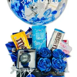 Caja con globo burbuja , confituras, reloj , mas decoracion