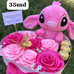 Cajas sorpresa con bombones originales,  peluche stich y decoracion de rosas