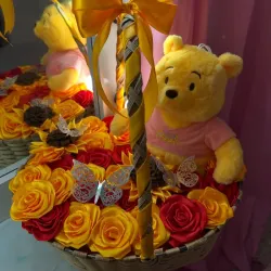 Cesta de rosas y peluche