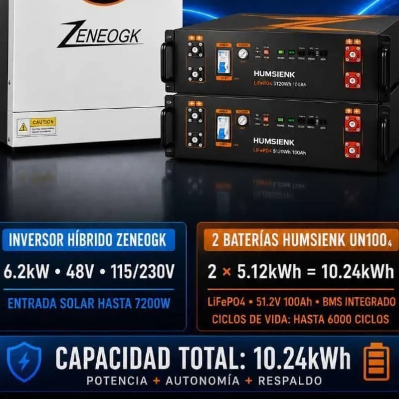 Combo: *Inversor híbrido 6.2kW + 2 Batería inteligente 5.12 kWh* Capacidad Total: *10kWh*