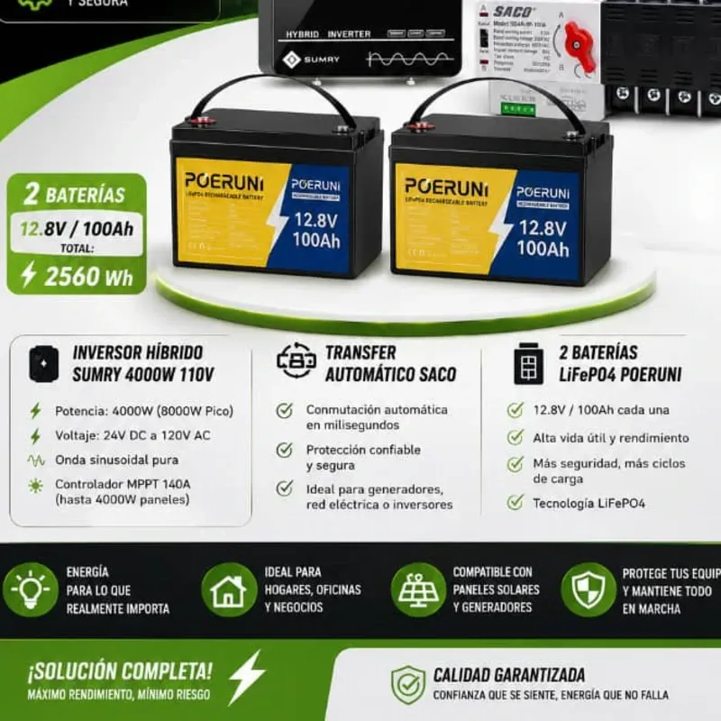Inversor: *solar SUMRY 4000W / 110V* Batería: *2X 12.8V 100Ah LifePO4* Transfer: *SACO