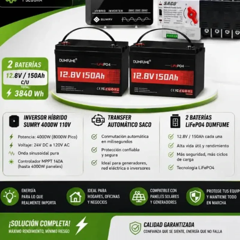 Inversor: *solar SUMRY 4000W / 110V* Batería: *25.6V 100Ah LifePO4* Transfer: *SACO