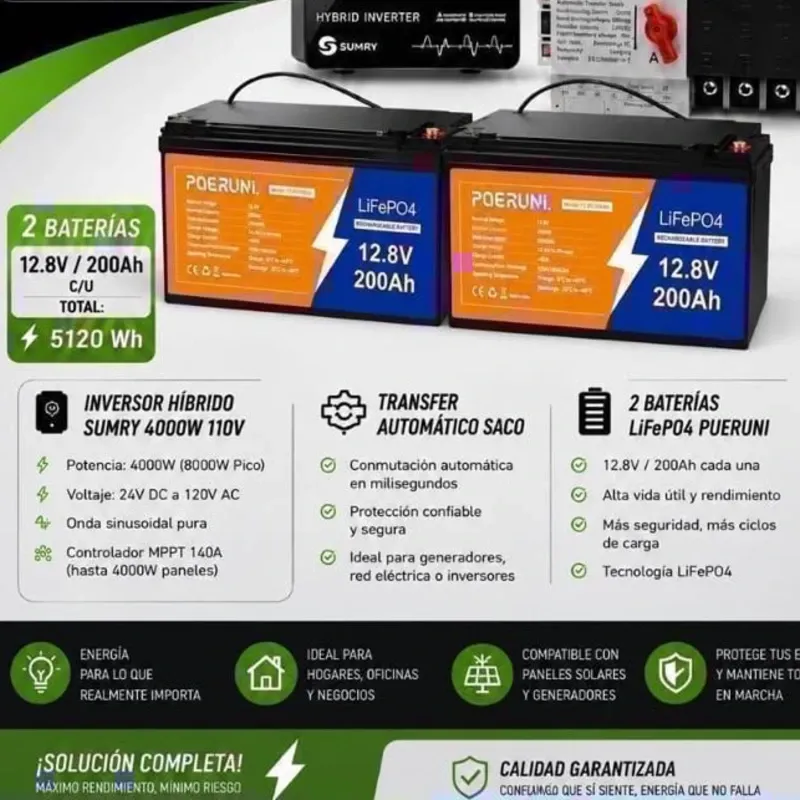 Inversor: *solar SUMRY 4000W / 110V* Batería: *2X 12.8V 200Ah LifePO4* Transfer: *SACO*