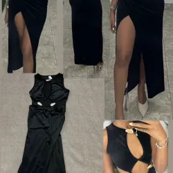Vestido largo con abertura y detalles dorados