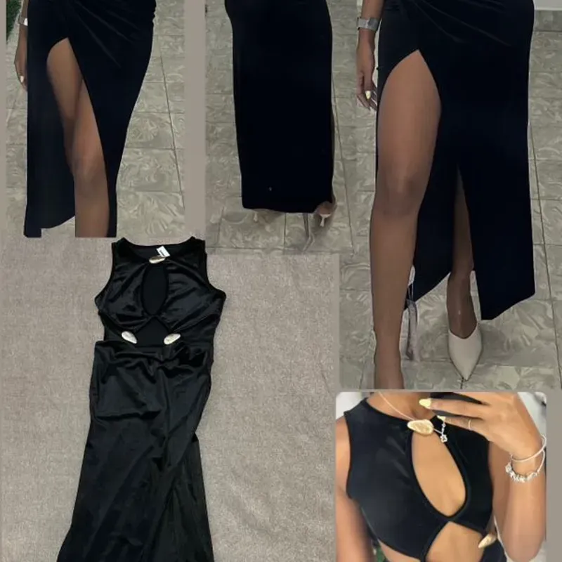 Vestido largo con abertura y detalles dorados