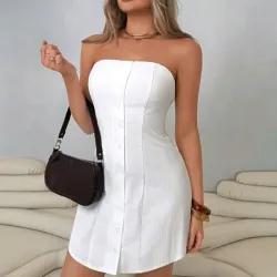 Vestido Mini "Pure White "Strapless con Frontal de Botones