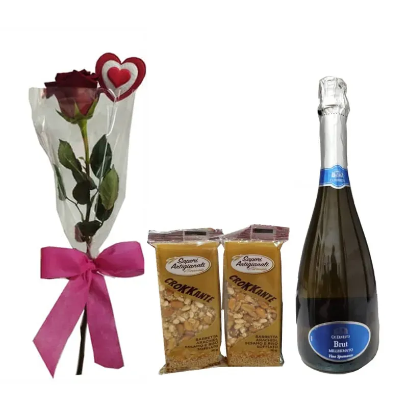 Una rosa + dos turrones de maní + vino Brut espumoso