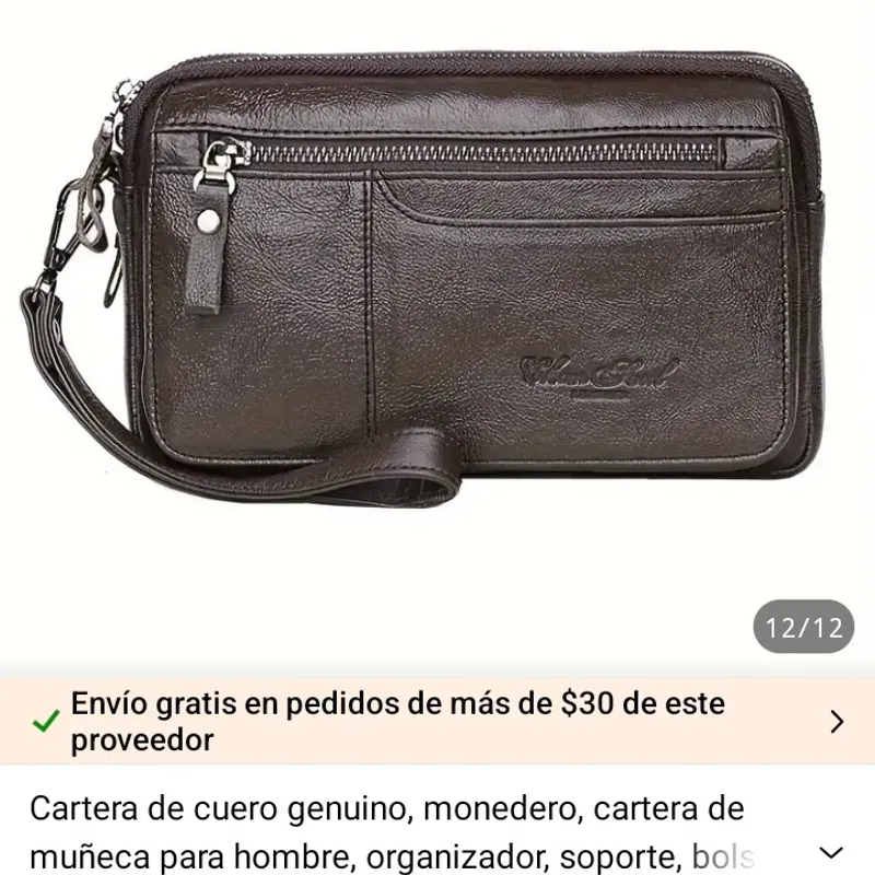 Cartera de cuero genuino, cartera de muñeca para hombre 