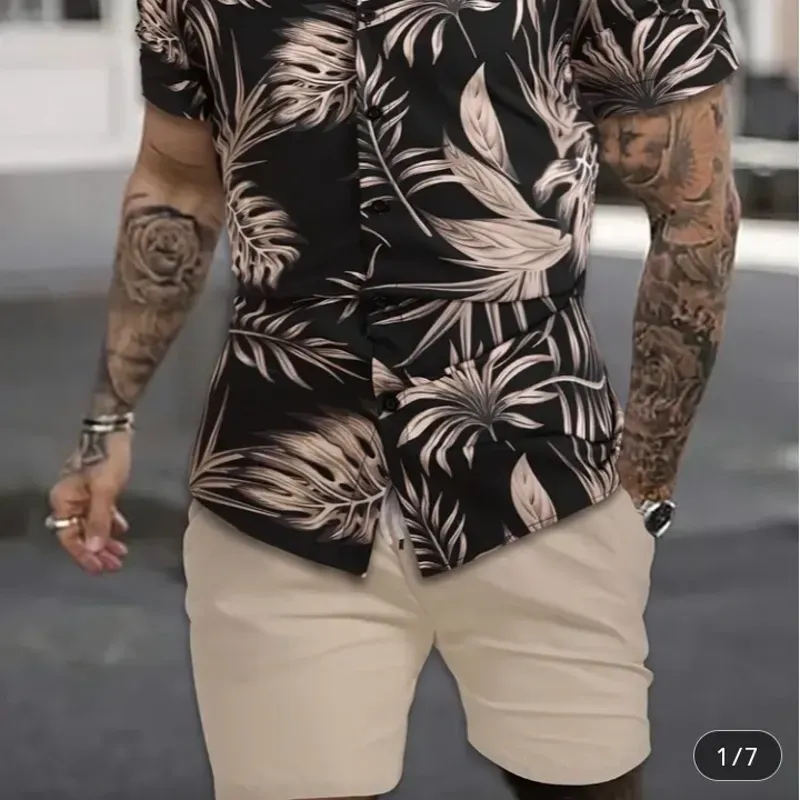 Conjunto de 2 Piezas para Hombre con Estampado Hawaiano de Hojas