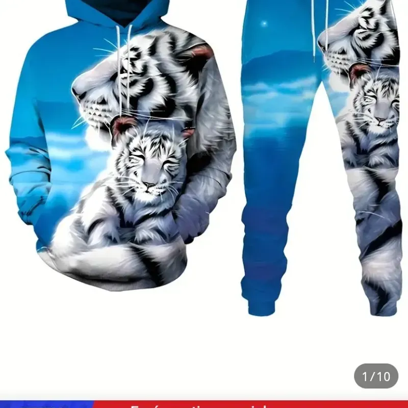 Conjunto de Sudadera con Capucha y Pantalón Deportivo de Tigre 3D para Hombre 