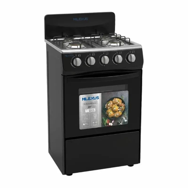 COCINA DE GAS CON HORNO 20" MILEXUS 4 HORNILLAS NEGRA (VPT)