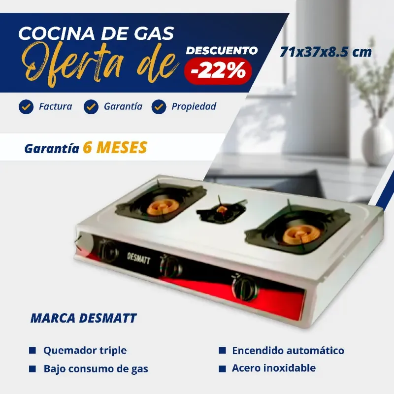 COCINA DE GAS DESMATT 3 HORNILLAS ACERO INOXIDABLE (FAD)