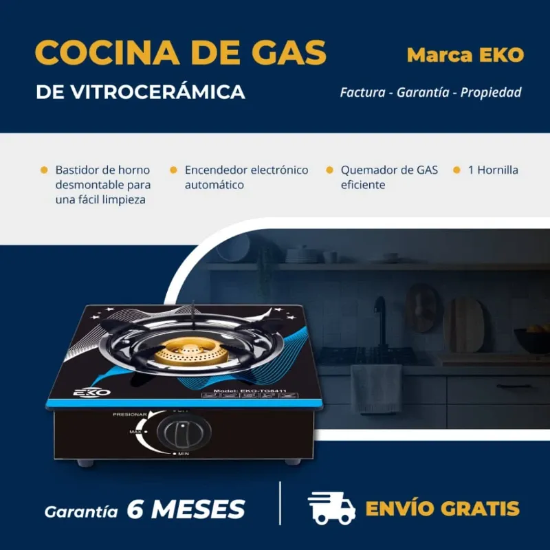 COCINA DE GAS EKO 1 HORNILLA VIDRIO TEMPLADO (FAD)