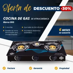 COCINA DE GAS EKO 3 HORNILLAS VIDRIO TEMPLADO (FAD)