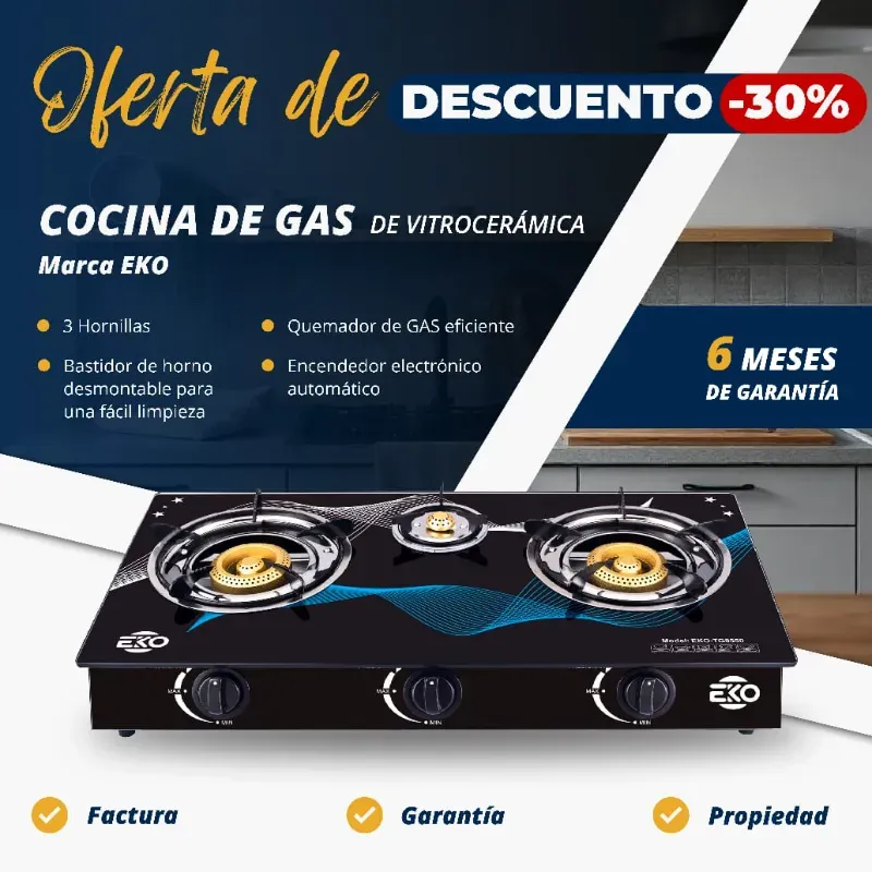 COCINA DE GAS EKO 3 HORNILLAS VIDRIO TEMPLADO (FAD)
