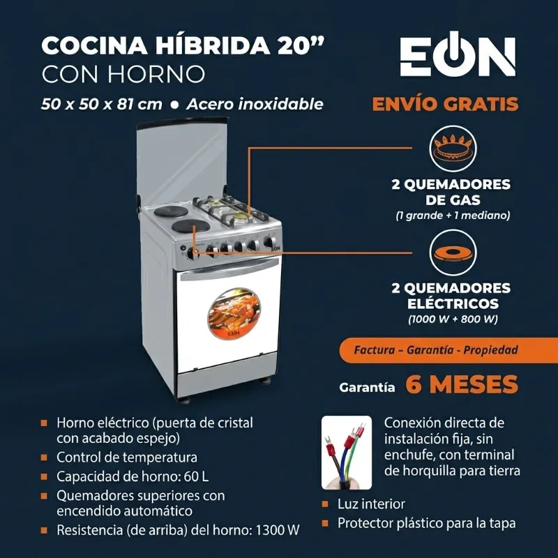 COCINA HÍBRIDA 20" CON HORNO EÓN 4 HORNILLAS (FAD)