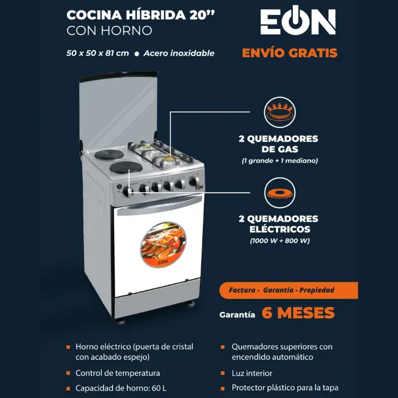 COCINA HÍBRIDA 20" CON HORNO EÓN 4 HORNILLAS (FAD)