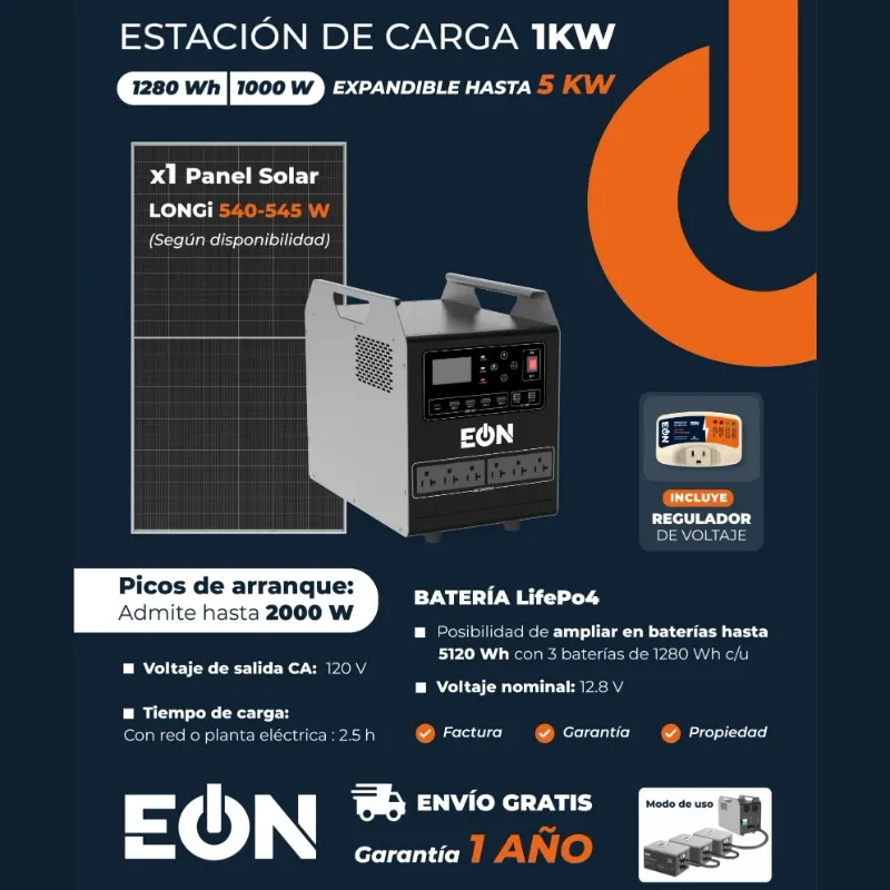 ESTACIÓN DE ENERGÍA (1280Wh / 1000W) EÓN + PANEL SOLAR LONGI + PROTECTOR DE VOLTAJE (FAD)
