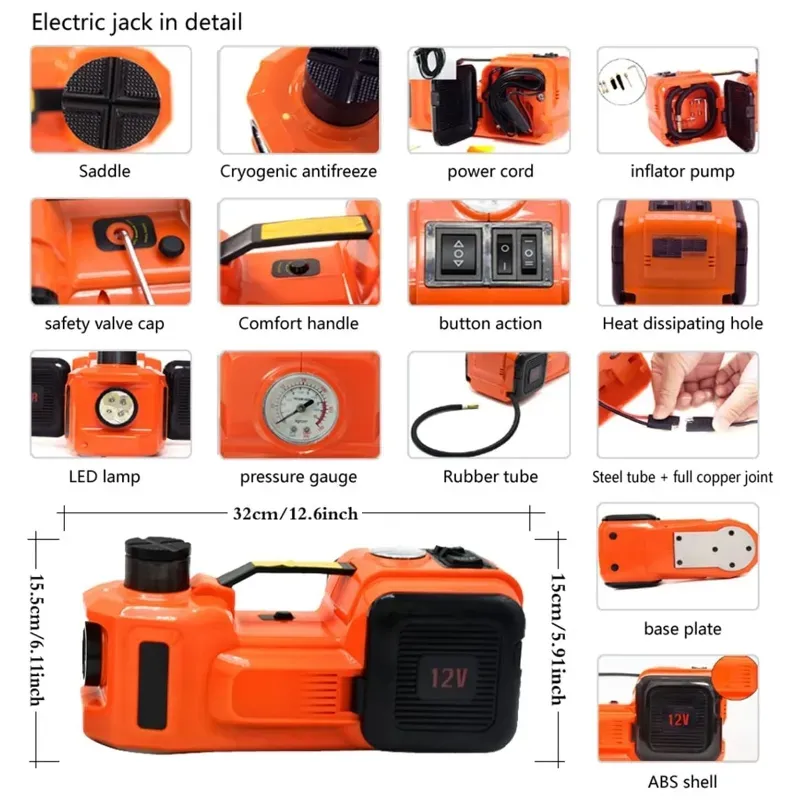 GATO ELÉCTRICO 3 EN 1 CON COMPRESOR DE AIRE (12V) Y LLAVE DE IMPACTO (VPT)