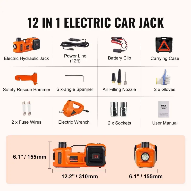 GATO ELÉCTRICO 3 EN 1 CON COMPRESOR DE AIRE (12V) Y LLAVE DE IMPACTO (VPT)