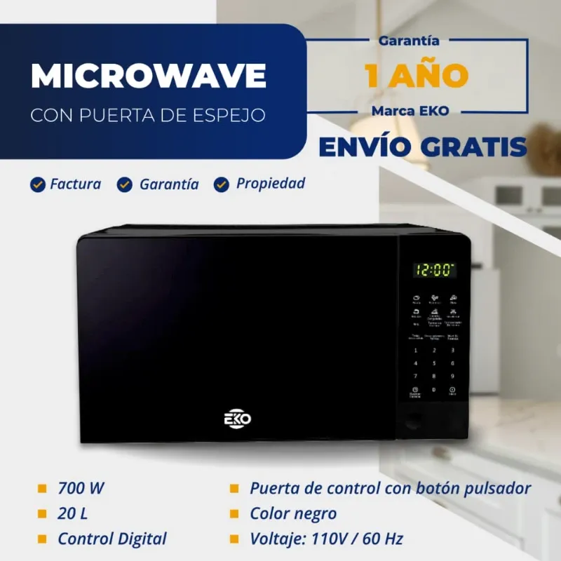MICROONDAS 20 LITROS EFECTO ESPEJO EKO NEGRO (FAD)