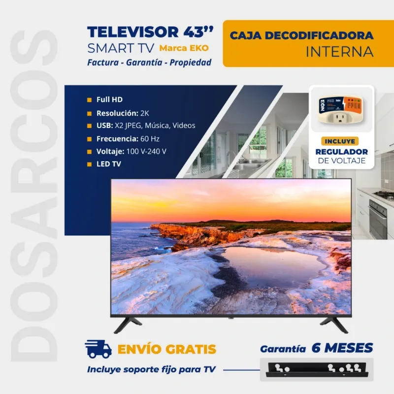 SMART TV EKO 43" HÍBRIDO (CAJITA INTERNA) + SOPORTE FIJO + PROTECTOR DE VOLTAJE (FAD)
