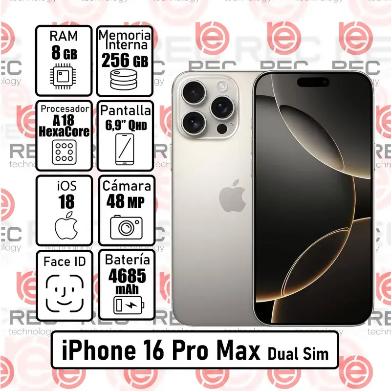TELÉFONO IPHONE 16 PRO MAX DUAL SIM (REC)