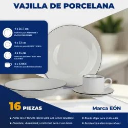 VAJILLA DE PORCELANA 16 PIEZAS CON LÍNEA (FAD)
