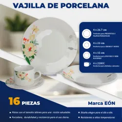 VAJILLA DE PORCELANA 16 PIEZAS FLOREADAS (FAD)