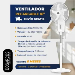 VENTILADOR RECARGABLE DE PEDESTAL 16" EKO - BLANCO (FAD)