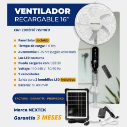 VENTILADOR RECARGABLE DE PEDESTAL 16" NEXTEK + PANEL SOLAR + BOMBILLOS (FAD)
