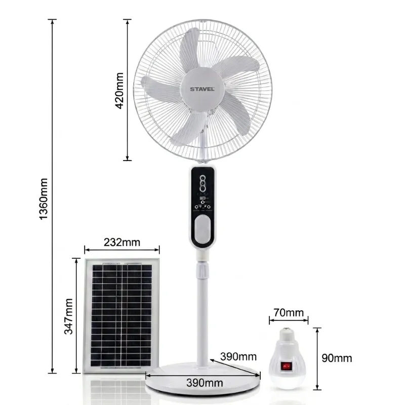 VENTILADOR RECARGABLE DE PEDESTAL STAVEL 16" + PANEL SOLAR + BOMBILLOS (ANG)