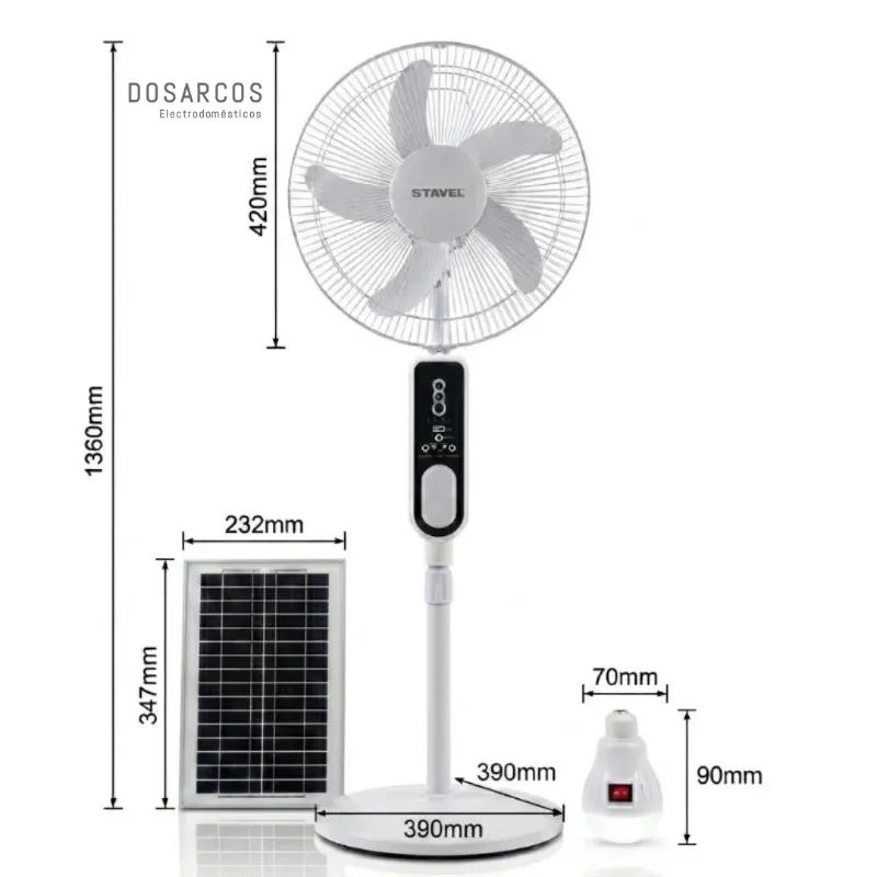 VENTILADOR RECARGABLE DE PEDESTAL STAVEL 16" + PANEL SOLAR + BOMBILLOS (VPT)