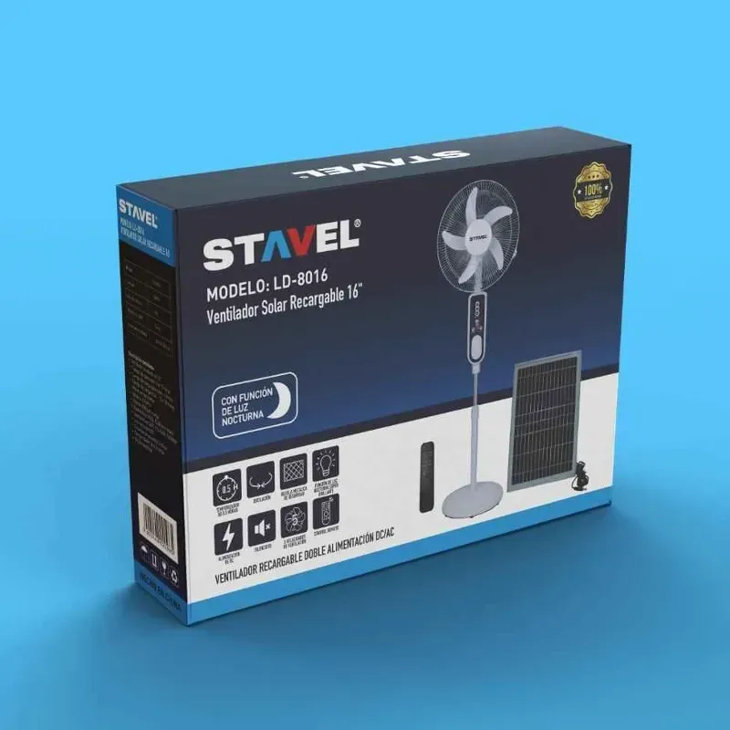 VENTILADOR RECARGABLE DE PEDESTAL STAVEL 16" + PANEL SOLAR + BOMBILLOS (ANG)