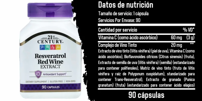 21st Century, Extracto de vino tinto con resveratrol, 90 cápsulas