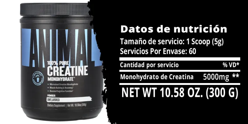 Animal, Monohidrato de creatina 100 % puro en polvo, Sin sabor, 300 g (10,58 oz)