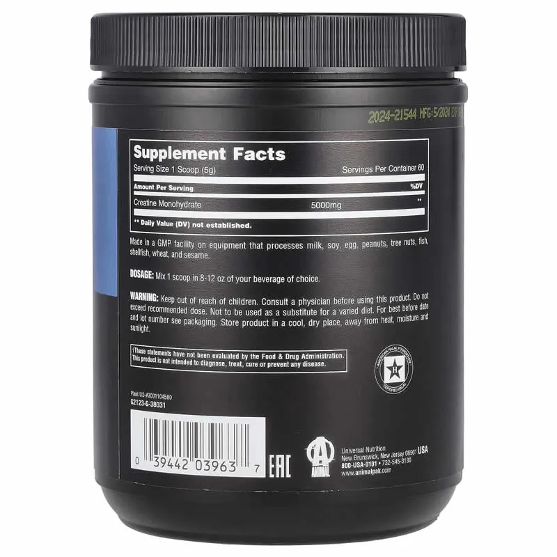 Animal, Monohidrato de creatina 100 % puro en polvo, Sin sabor, 300 g (10,58 oz)
