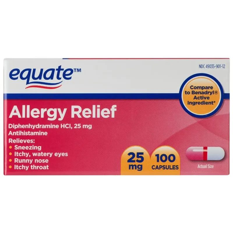 Equate Cápsulas Antihistamínicas de 25 Mg de Difenhidramina para Aliviar la Alergia, 100 Unidades
