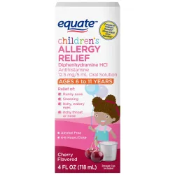 Equate Solución Oral para Aliviar la Alergia a la Difenhidramina para Niños, 12,5 mg, Sabor a Cereza, Edades de 6 a 11 Años, 4 fl oz,