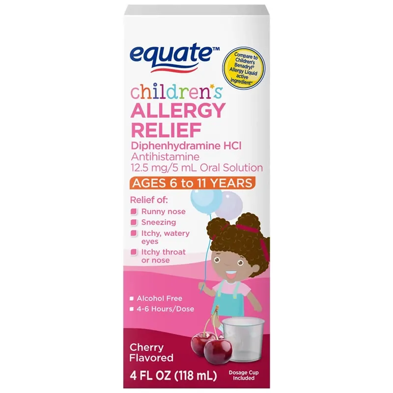 Equate Solución Oral para Aliviar la Alergia a la Difenhidramina para Niños, 12,5 mg, Sabor a Cereza, Edades de 6 a 11 Años, 4 fl oz,