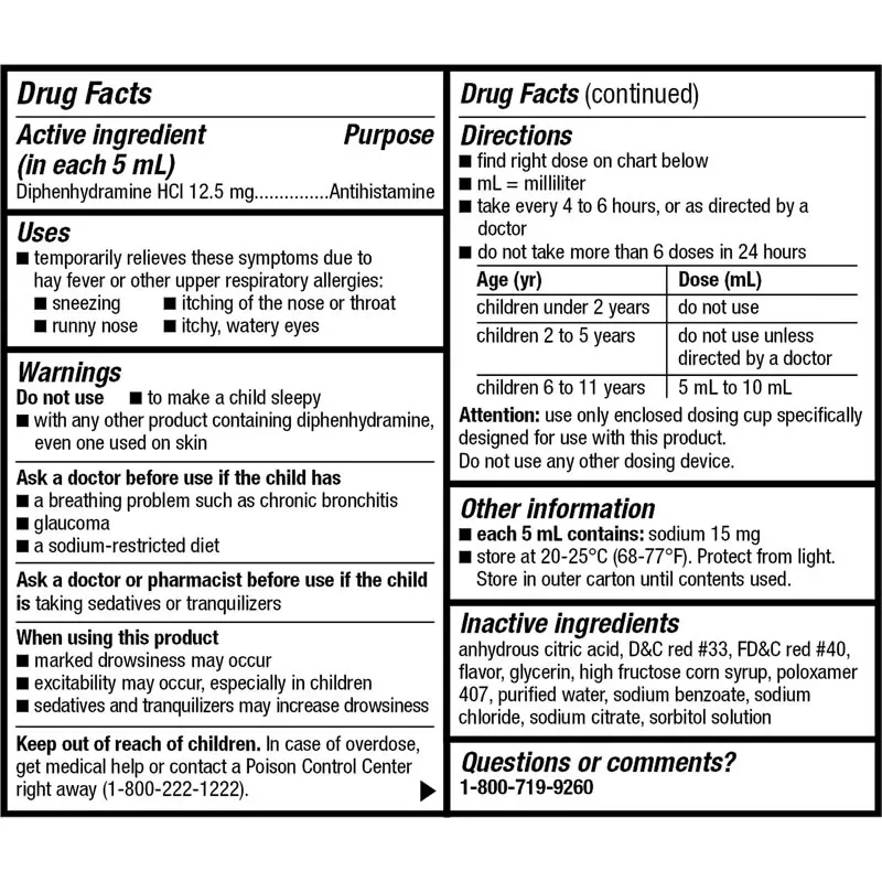 Equate Solución Oral para Aliviar la Alergia a la Difenhidramina para Niños, 12,5 mg, Sabor a Cereza, Edades de 6 a 11 Años, 4 fl oz,