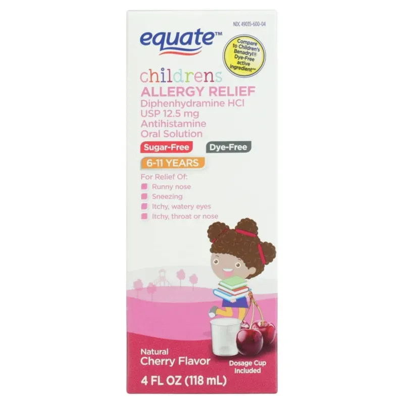 Equate Solución Oral para Aliviar la Alergia a la Difenhidramina para Niños, 12,5 mg, Sabor a Cereza, Edades de 6 a 11 Años, 4 fl oz,